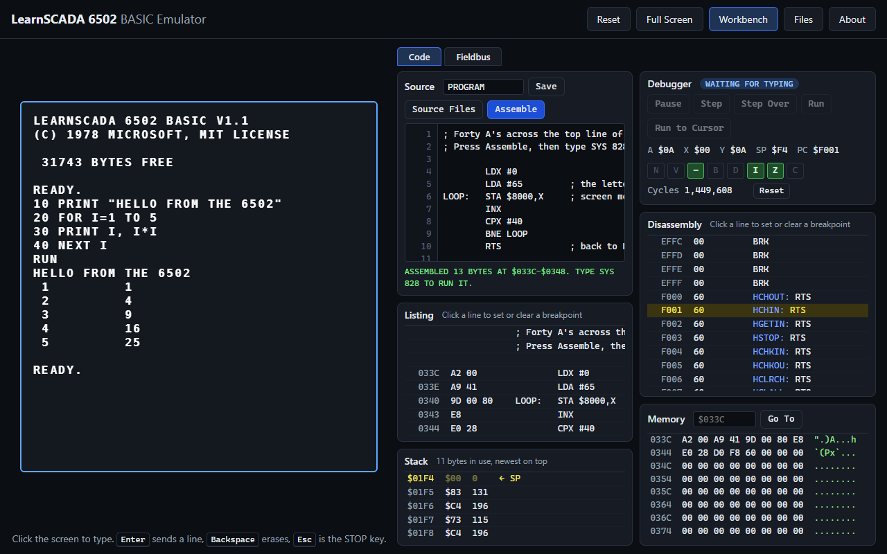 The LearnSCADA 6502 Emulator running a BASIC program, with the Machine Code Workbench beside the screen